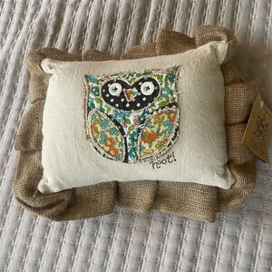 Glory‎ Haus Owl Throw Pillow Embroidered Handmade Burlap Trim Rustic Decor